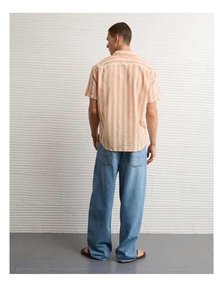 Standard Fit Linen-Blend Button-Up Shirt in Orange Stripe image 2