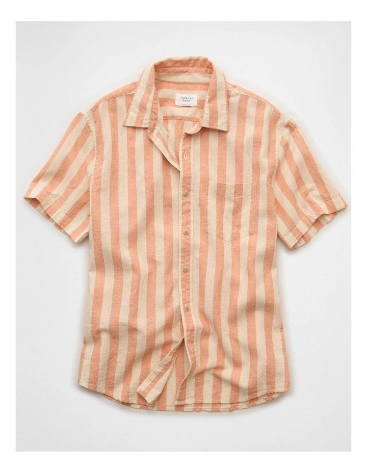 Standard Fit Linen-Blend Button-Up Shirt in Orange Stripe image 3