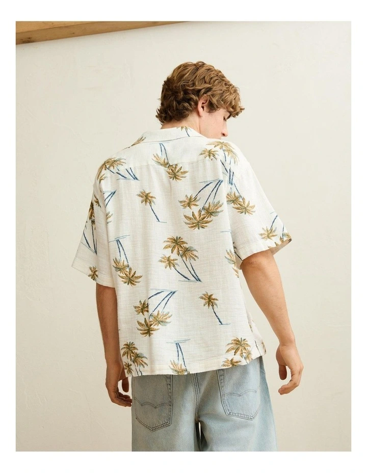 Relaxed Short-Sleeve Button-Up Shirt in Cream Palm Tree Print image 2