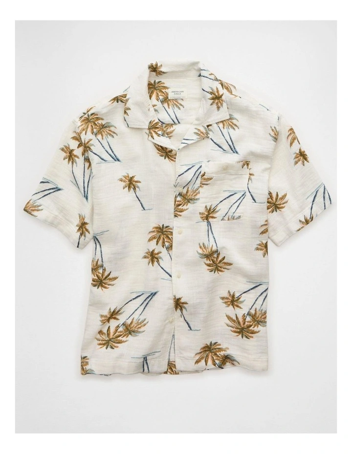 Relaxed Short-Sleeve Button-Up Shirt in Cream Palm Tree Print image 3