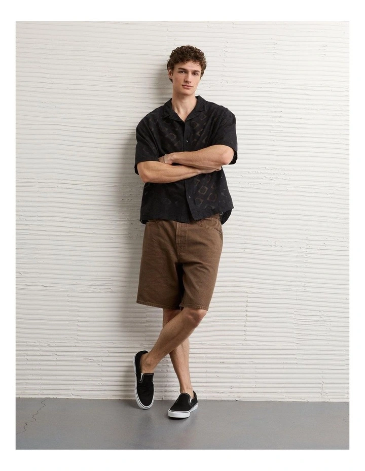 Relaxed Fit Camp Collar Button-Up Shirt in Black image 1