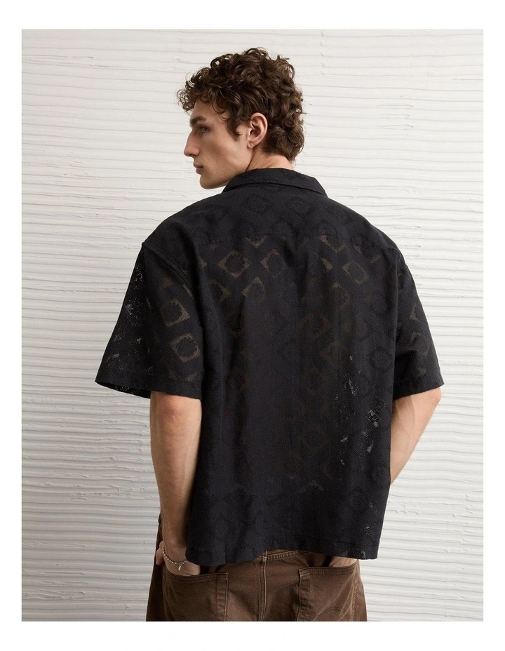 Relaxed Fit Camp Collar Button-Up Shirt in Black image 2