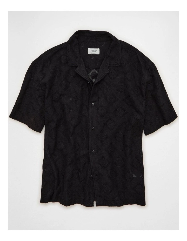 Relaxed Fit Camp Collar Button-Up Shirt in Black image 3