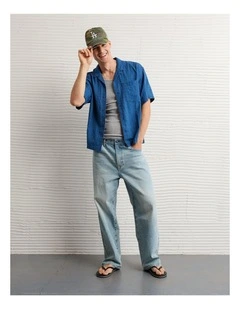 Relaxed Short-Sleeve Button-Up Shirt in Blue