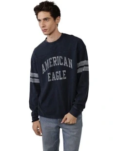 Long Sleeve Graphic Football T-shirt in Navy
