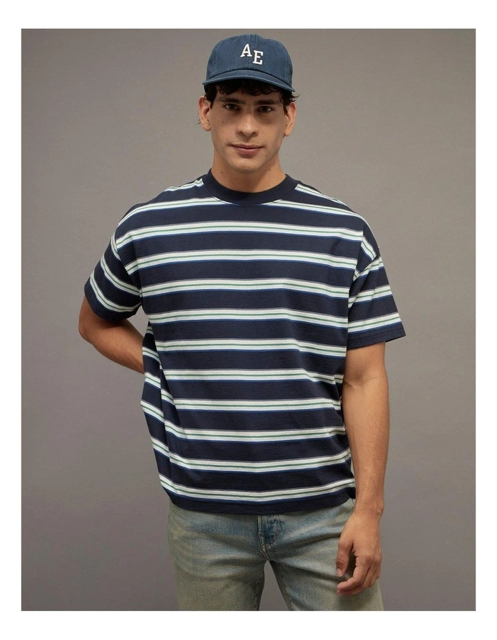 Relaxed Textured Slub T-Shirt in Navy Stripe image 1