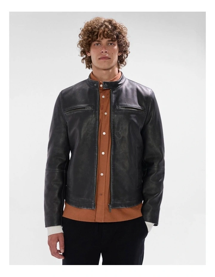 Oaks Leather Biker Jacket in Black image 1