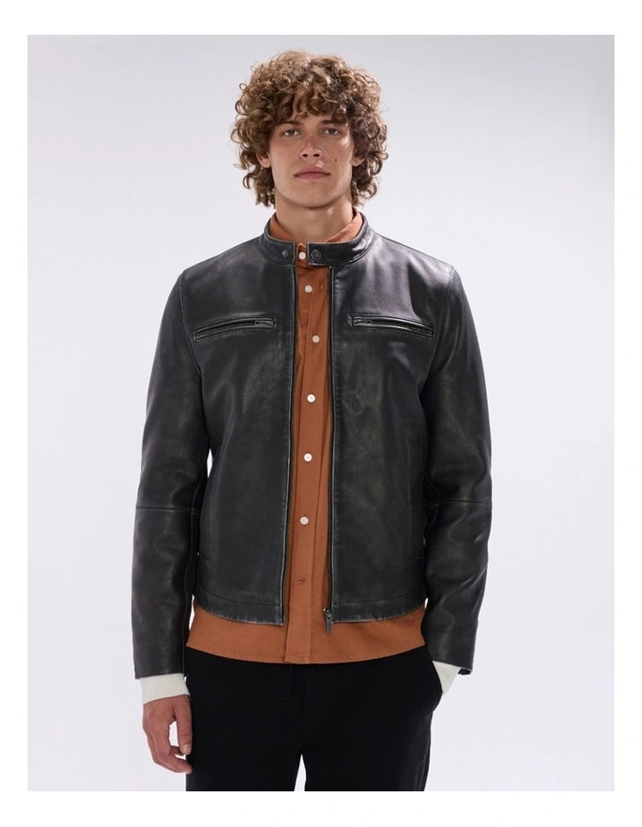 Oaks Leather Biker Jacket in Black image 2