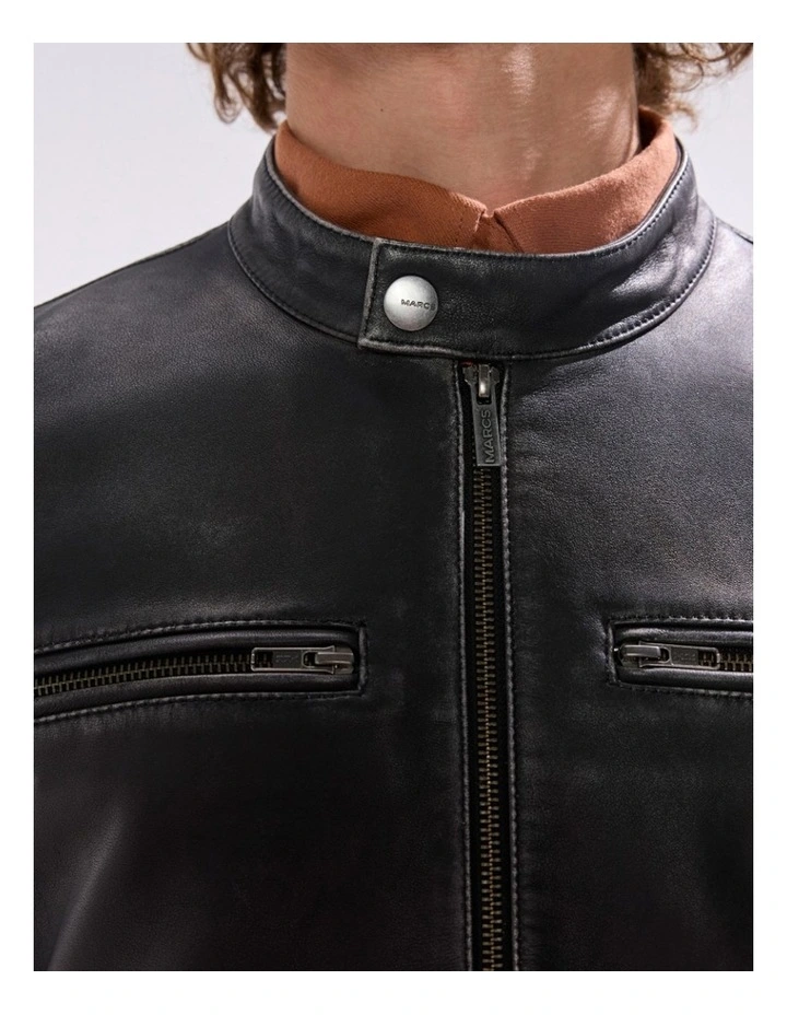 Oaks Leather Biker Jacket in Black image 3