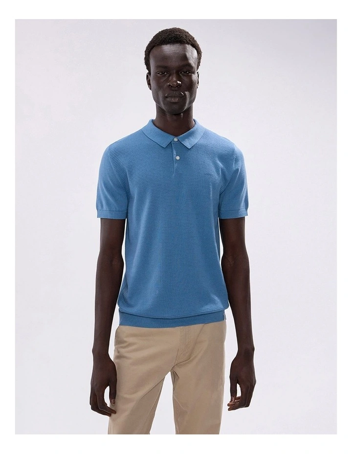Noah Textured Knit Polo in Mid Blue image 2