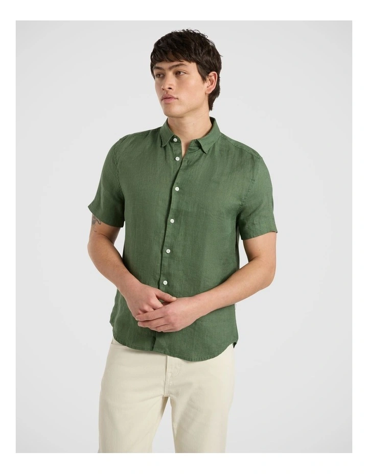 Felix Short Sleeve Linen Shirt in Seaweed image 1