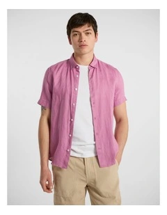 Felix Short Sleeve Linen Shirt in Rich Pink