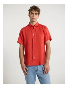 Felix Short Sleeve Linen Shirt in Candy Red