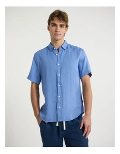 Felix Short Sleeve Linen Shirt in Light Cobalt