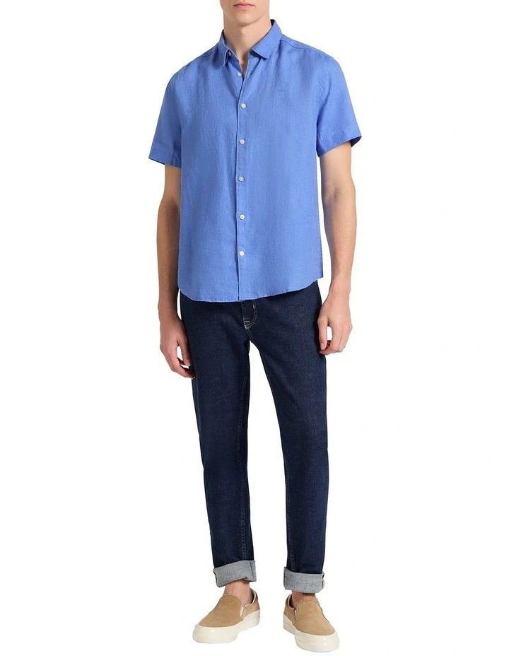Felix Short Sleeve Linen Shirt in Bright Blue image 3