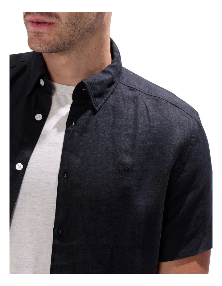 Felix Short Sleeve Linen Shirt in Black image 3