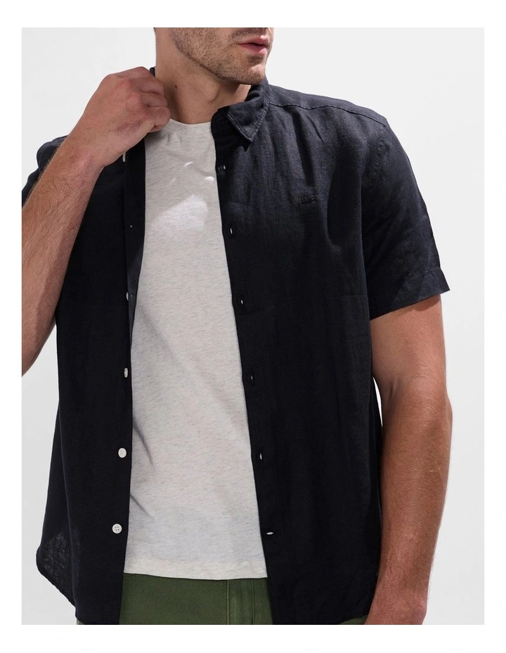 Felix Short Sleeve Linen Shirt in Black image 4