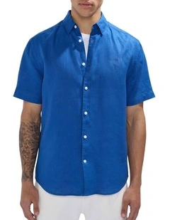 Felix Short Sleeve Linen Shirt in Cobalt Blue