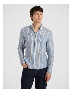 Felix Long Sleeve Stripe Linen Shirt in Blue Stripe