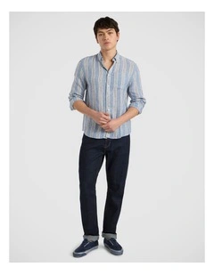 Felix Long Sleeve Stripe Linen Shirt in Blue Stripe