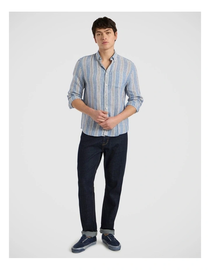 Felix Long Sleeve Stripe Linen Shirt in Blue Stripe image 1