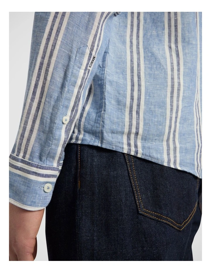 Felix Long Sleeve Stripe Linen Shirt in Blue Stripe image 3