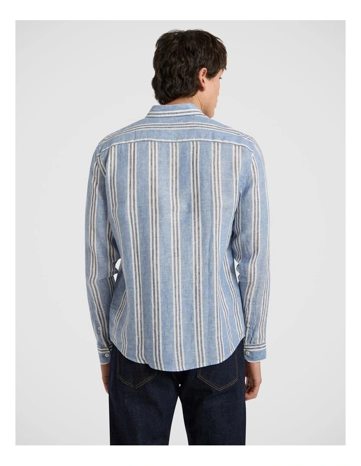 Felix Long Sleeve Stripe Linen Shirt in Blue Stripe image 4