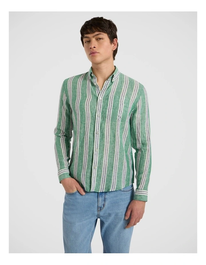 Felix Long Sleeve Stripe Linen Shirt in Green Stripe image 1