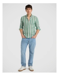 Felix Long Sleeve Stripe Linen Shirt in Green Stripe