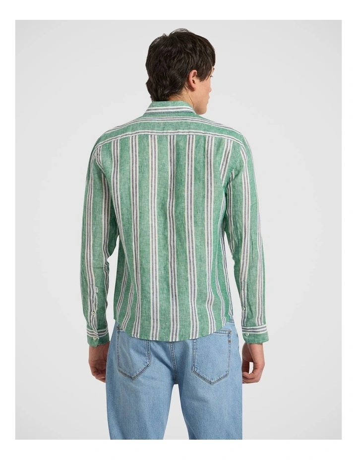 Felix Long Sleeve Stripe Linen Shirt in Green Stripe image 4
