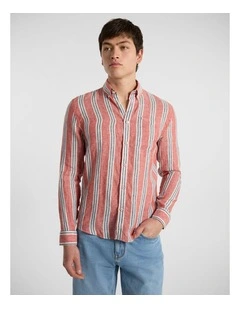 Felix Long Sleeve Stripe Linen Shirt in Red Stripe