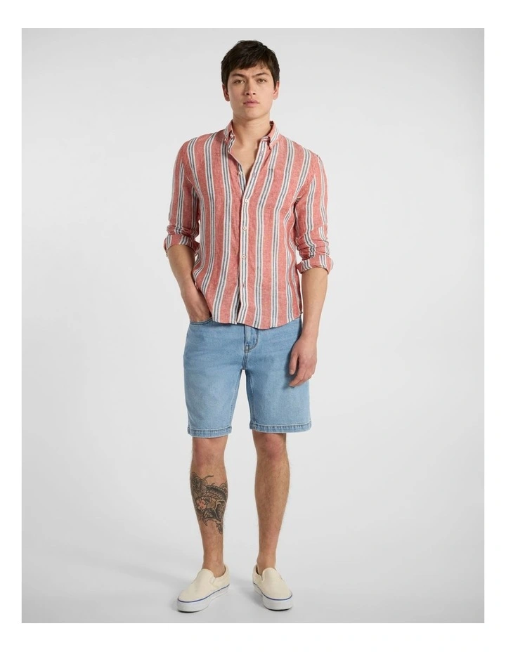 Felix Long Sleeve Stripe Linen Shirt in Red Stripe image 2