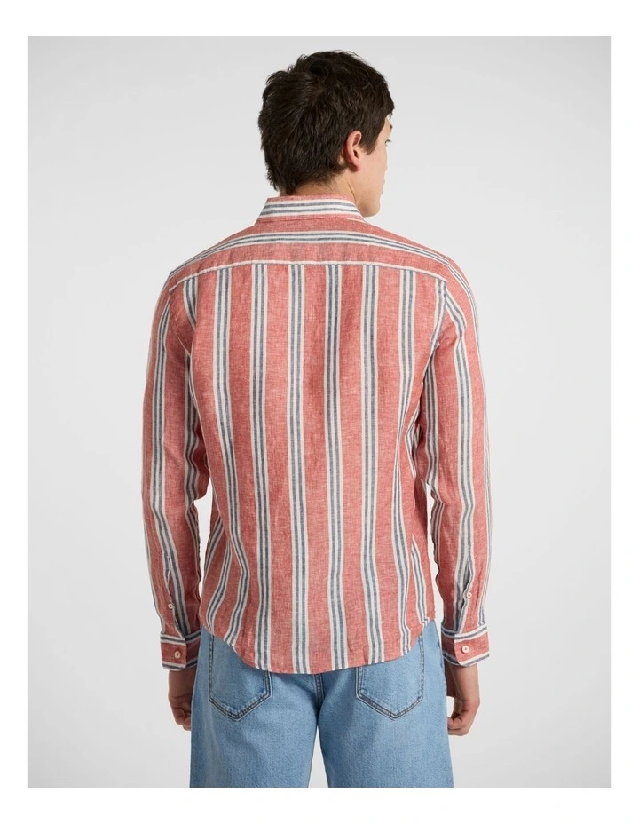 Felix Long Sleeve Stripe Linen Shirt in Red Stripe image 3