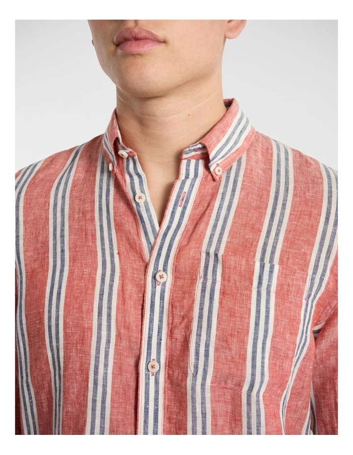 Felix Long Sleeve Stripe Linen Shirt in Red Stripe image 4