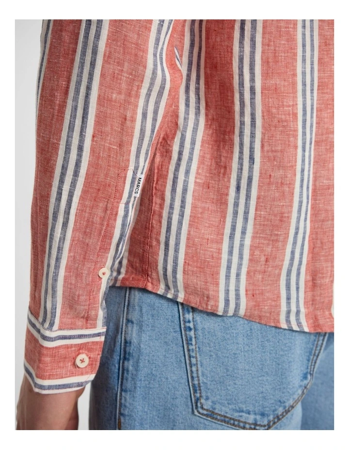 Felix Long Sleeve Stripe Linen Shirt in Red Stripe image 5