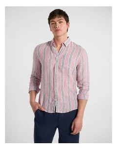 Felix Long Sleeve Linen Shirt in Pink Stripe