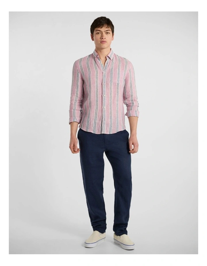 Felix Long Sleeve Linen Shirt in Pink Stripe image 2