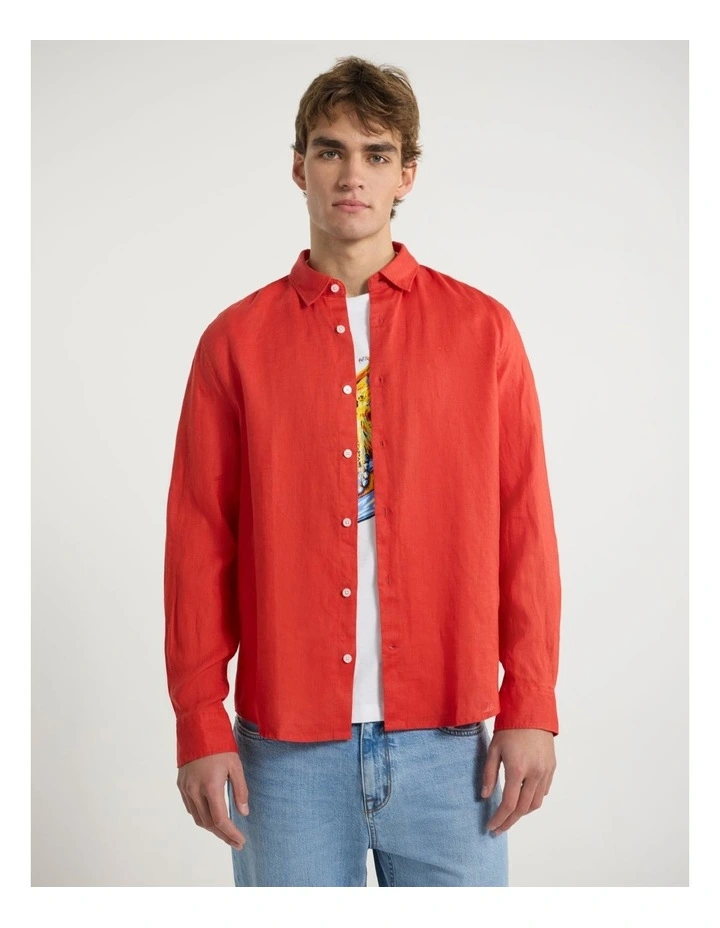 Felix Long Sleeve Linen Shirt in Candy Red image 1
