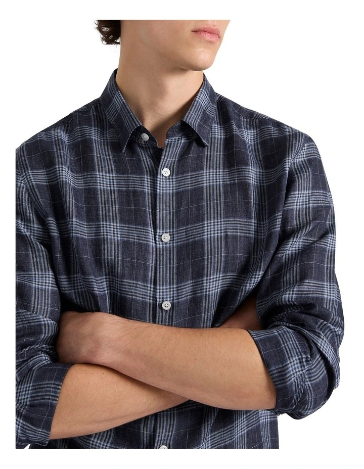 Howard Check Linen Shirt in Blue Check image 4