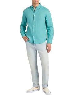 Felix Long Sleeve Linen Shirt in Teal Green