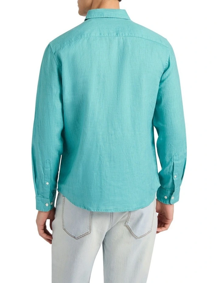 Felix Long Sleeve Linen Shirt in Teal Green image 4