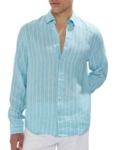 Felix Long Sleeve Stripe Linen Shirt in Blue Stripe