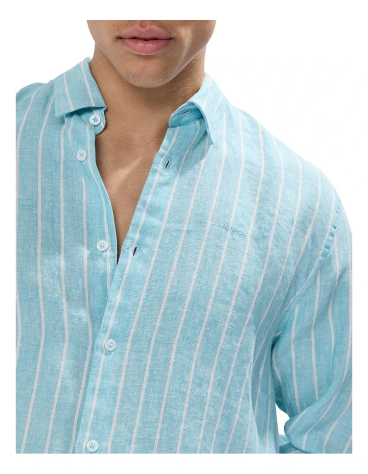 Felix Long Sleeve Stripe Linen Shirt in Blue Stripe image 3