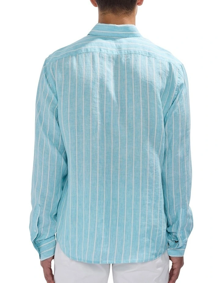 Felix Long Sleeve Stripe Linen Shirt in Blue Stripe image 4
