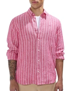 Felix Long Sleeve Stripe Linen Shirt in Fuchsia Stripe