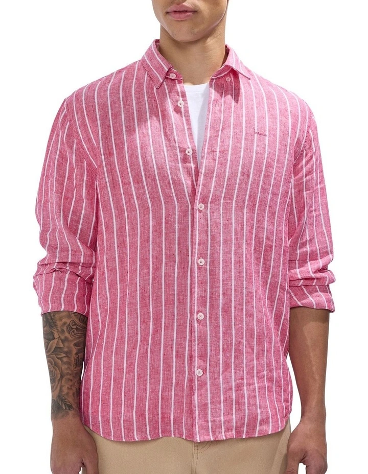 Felix Long Sleeve Stripe Linen Shirt in Fuchsia Stripe image 1