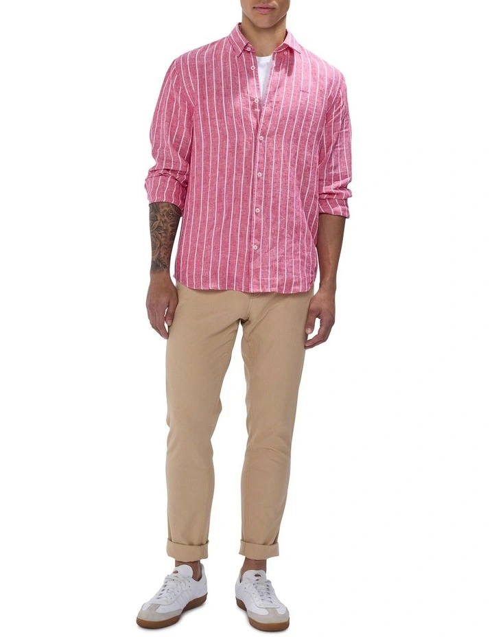 Felix Long Sleeve Stripe Linen Shirt in Fuchsia Stripe image 2