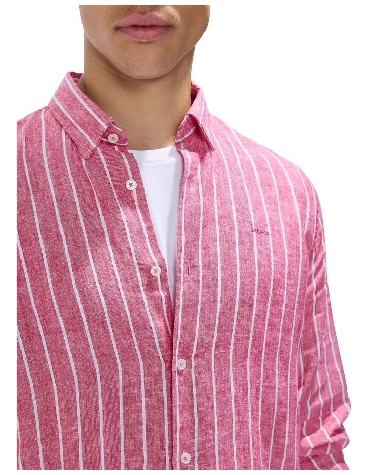 Felix Long Sleeve Stripe Linen Shirt in Fuchsia Stripe image 3