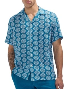 Crush Geo Linen Shirt in Dark Teal