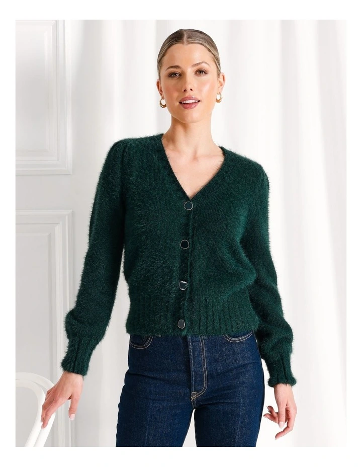 Recycled Blend V-Neck Fluffy Knit Cardigan in Dark Green image 1